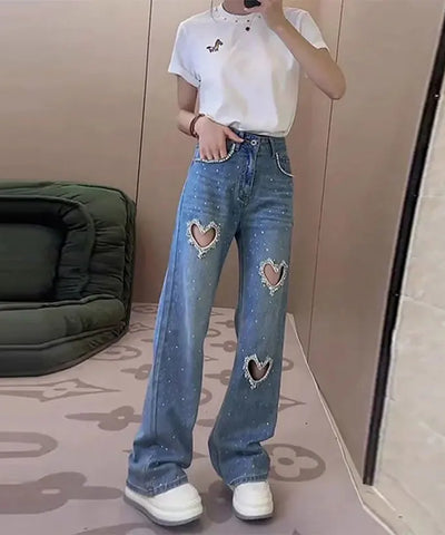 Heart Cut-Out Beaded Jeans