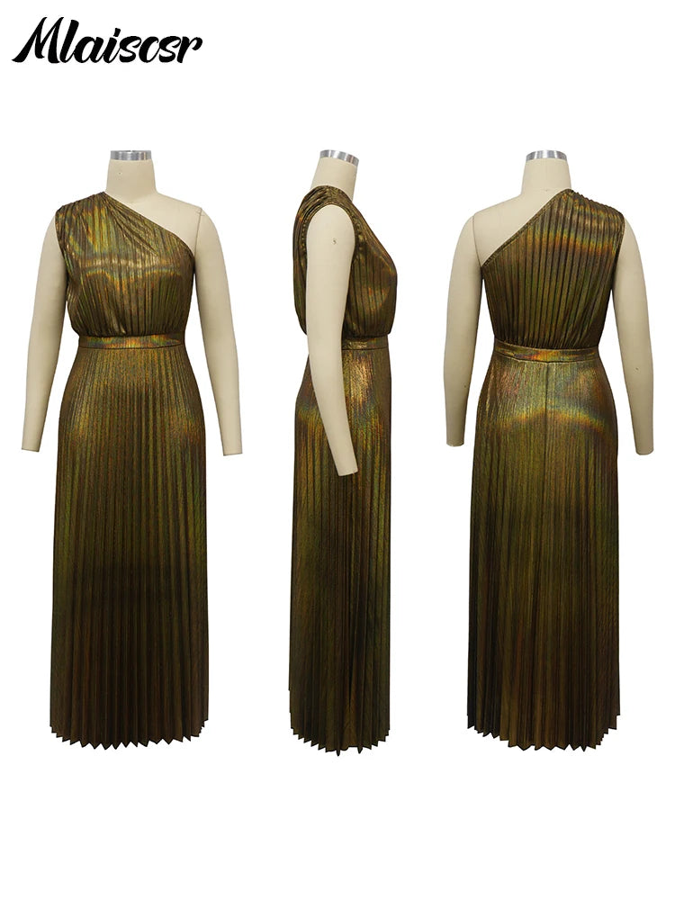 Golden Pleated One-Shoulder Gown | MzStar Fashion | view 5