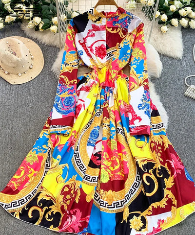 Vintage Print Lace-Up Maxi Dress