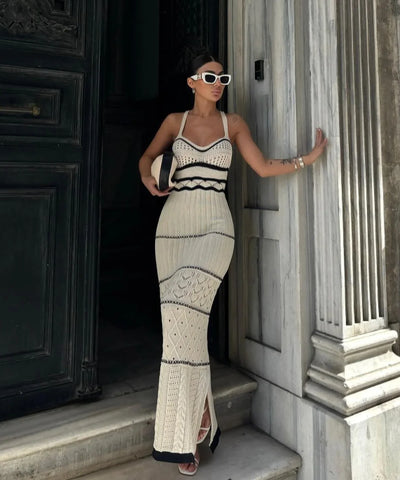 Striped Knit Halter Maxi Dress