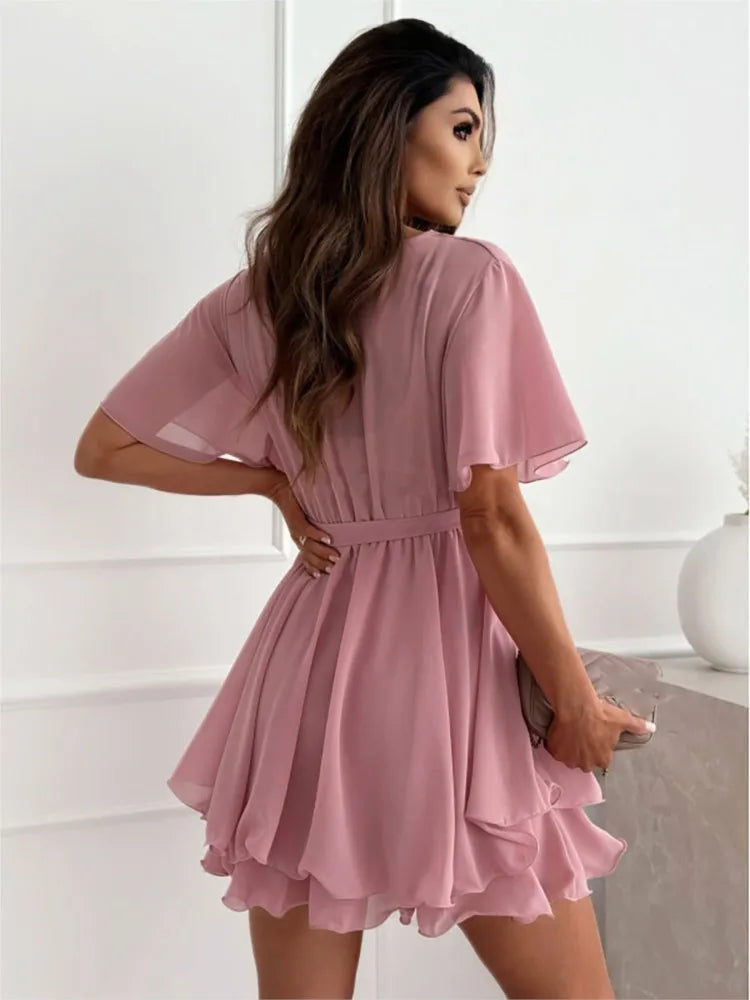 Cross-Strap Ruffle Chiffon Dress | MzStar Fashion | view 5