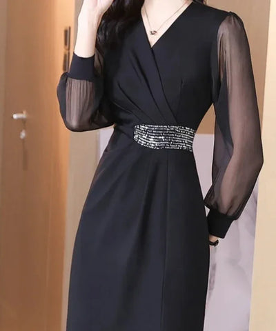 Slim V-Neck Long-Sleeve Dress | MzStar Fashion