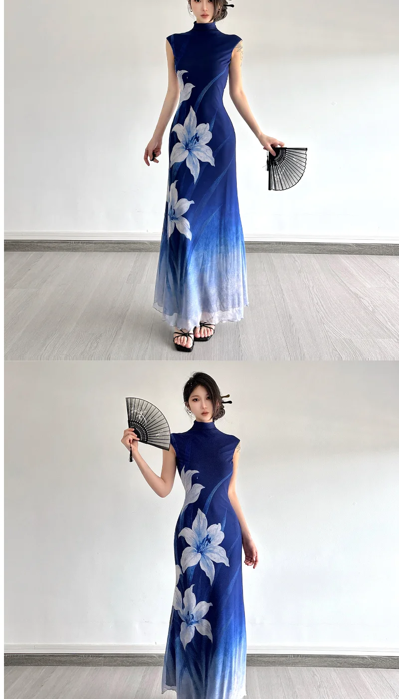 Navy Floral Mock-Neck Maxi Dress | MzStar Fashion | view 7
