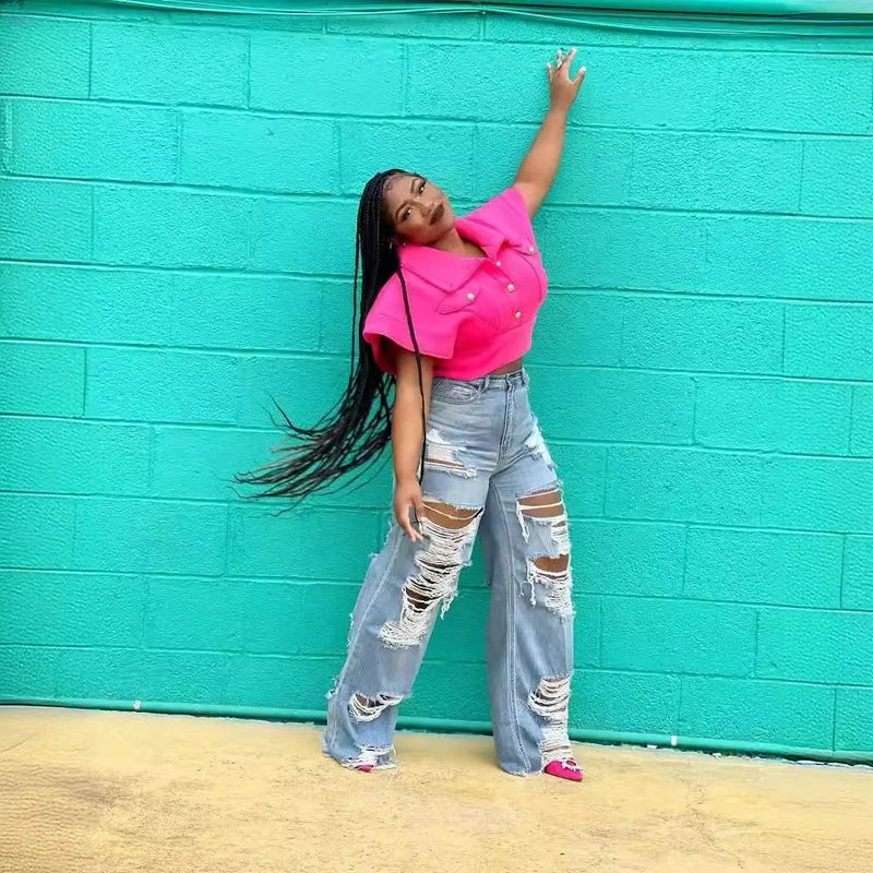 Splice Ripped Straight Jeans | MzStar Fashion | view 4
