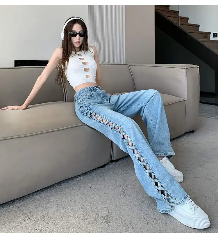 Side-Braid Cut-Out Jeans | MzStar Fashion | view 8