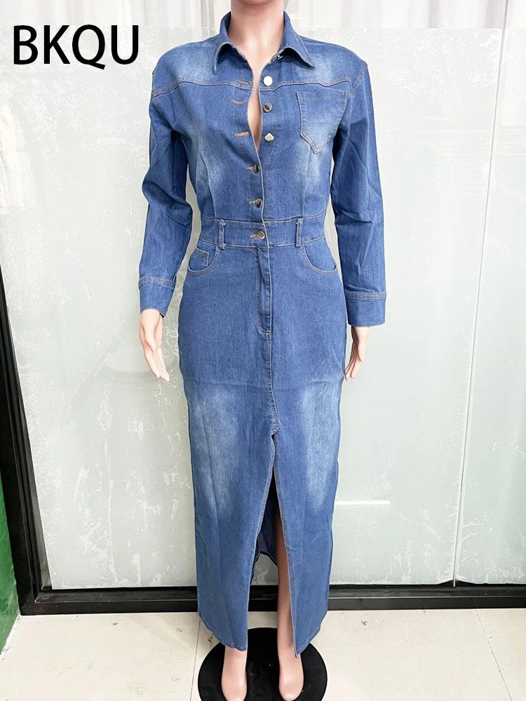 Denim Split Maxi Shirt Dress | MzStar Fashion | view 5