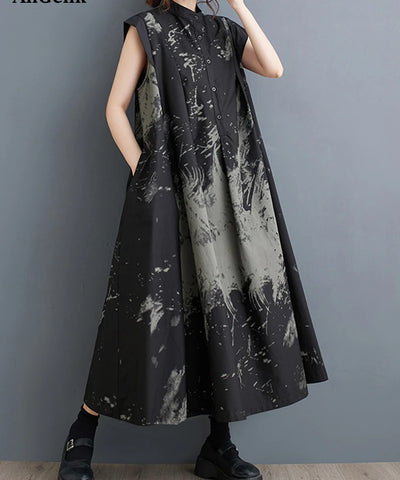 Black Print Stand-Collar Dress | MzStar Fashion