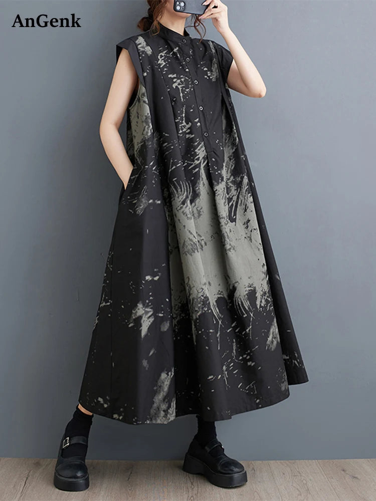 Black Print Stand-Collar Dress | MzStar Fashion
