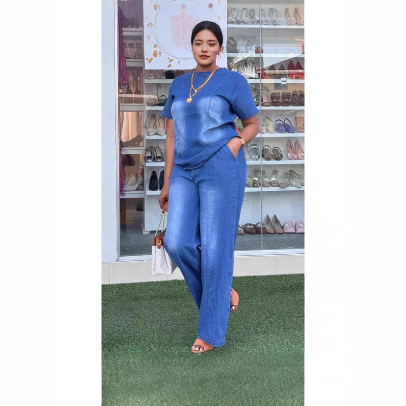 Denim Tee & Wide-Leg Pants Set | MzStar Fashion | view 3
