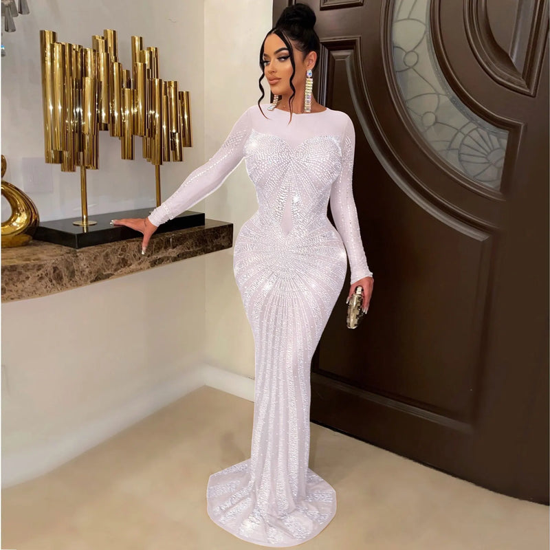 Crystal Mesh Long-Sleeve Gown | MzStar Fashion | view 4