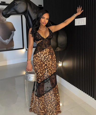 Leopard Lace Fishtail Maxi Dress | MzStar Fashion