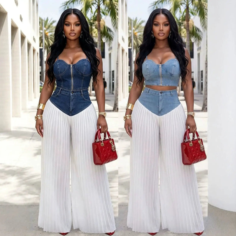 Strapless Top & Denim Pants Set | MzStar Fashion