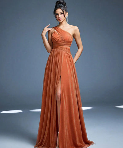 One-Shoulder Ruched Slit Gown | MzStar Fashion