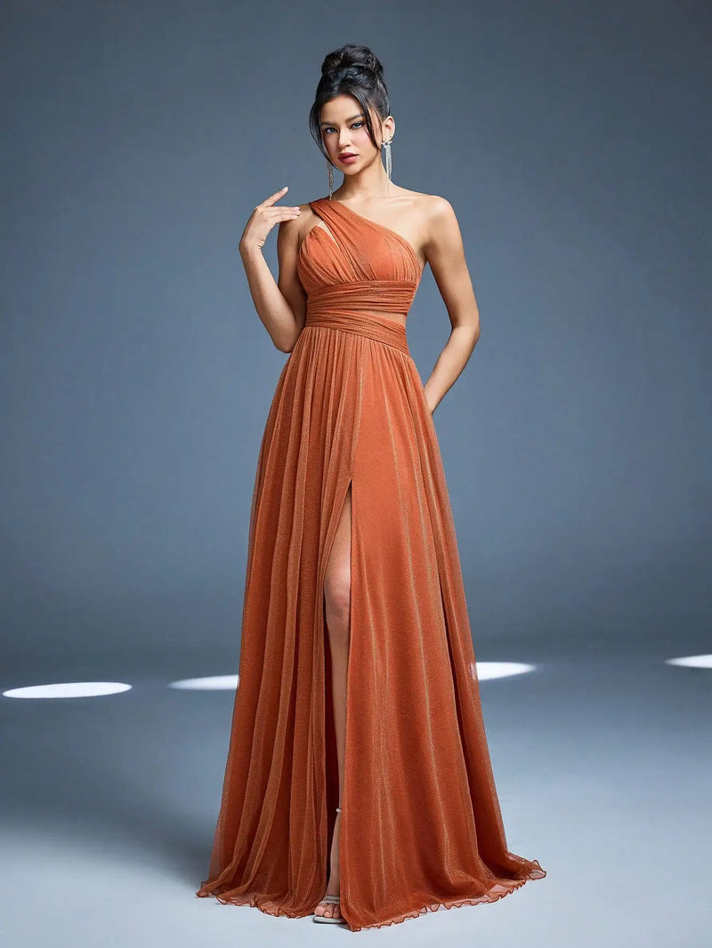 One-Shoulder Ruched Slit Gown | MzStar Fashion