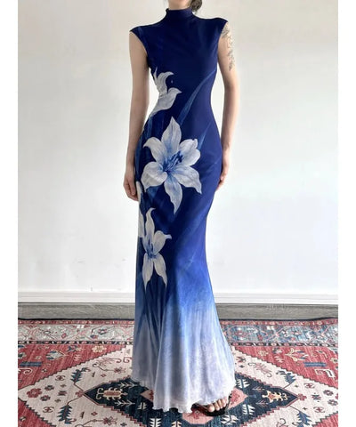 Navy Floral Mock-Neck Maxi Dress
