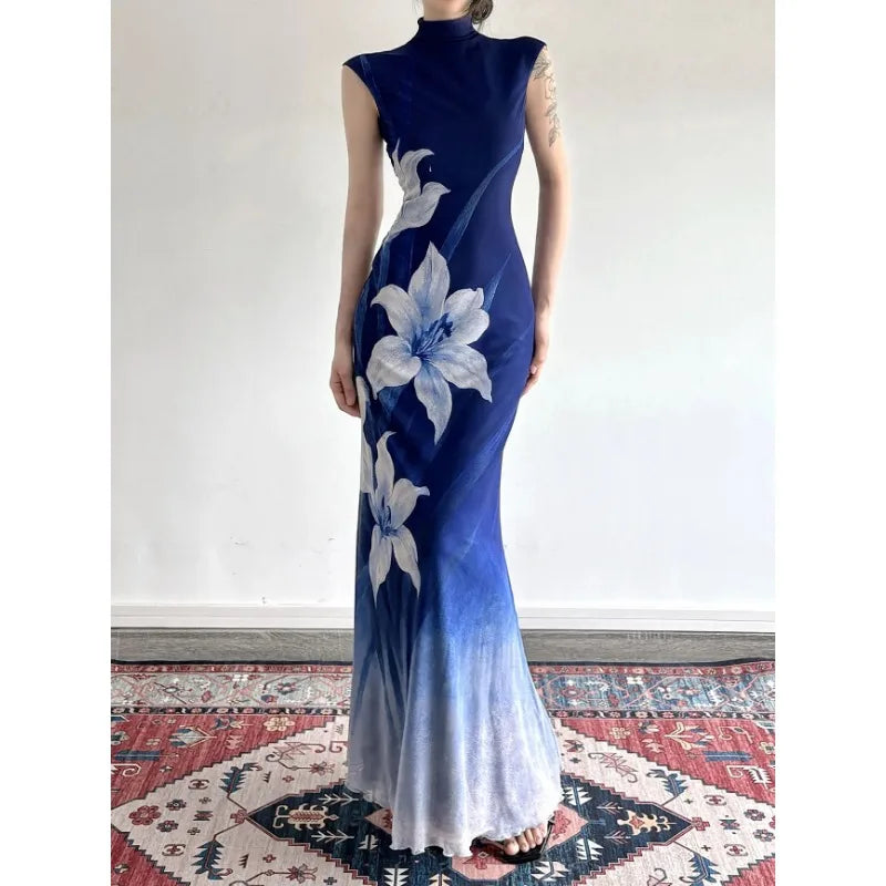 Navy Floral Mock-Neck Maxi Dress | MzStar Fashion | view 2