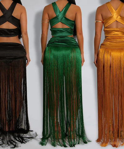 Tassel Knit Two-Piece Maxi Dress Set
