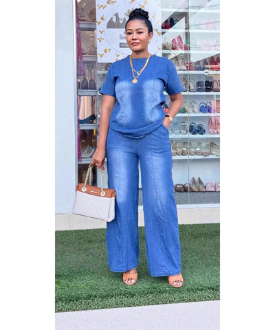 Denim Tee & Wide-Leg Pants Set | MzStar Fashion