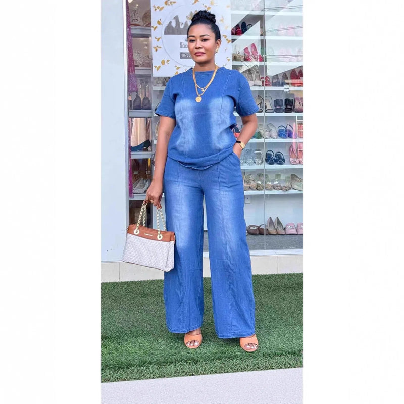 Denim Tee & Wide-Leg Pants Set | MzStar Fashion