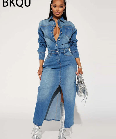 Denim Split Maxi Shirt Dress | MzStar Fashion