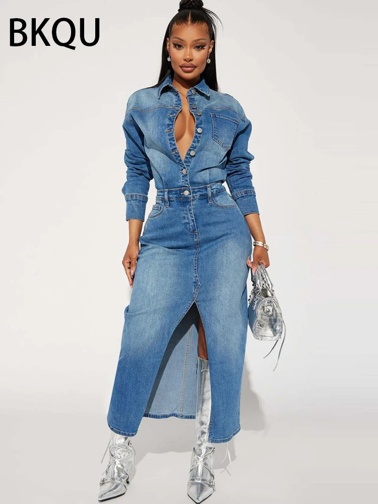 Denim Split Maxi Shirt Dress | MzStar Fashion