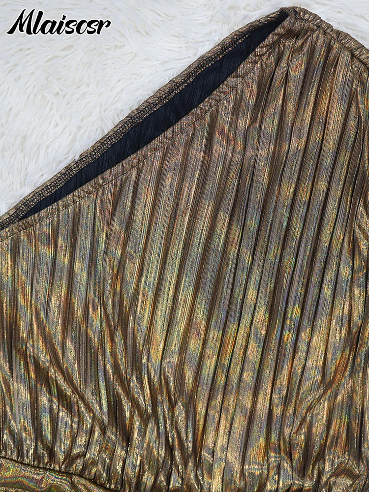 Golden Pleated One-Shoulder Gown | MzStar Fashion | view 6
