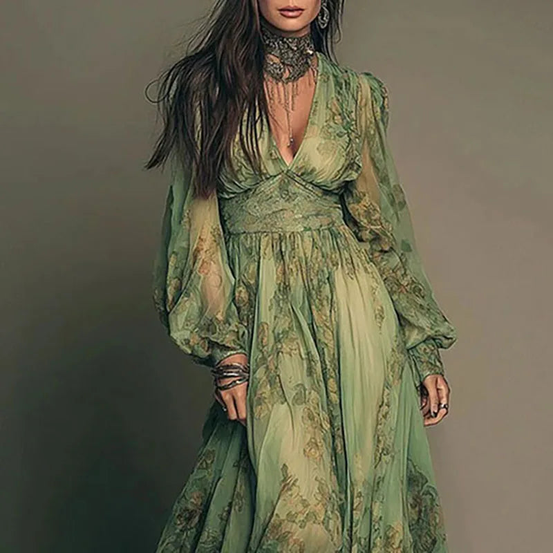 Floral Deep-V A-Line Dress | MzStar Fashion | view 3