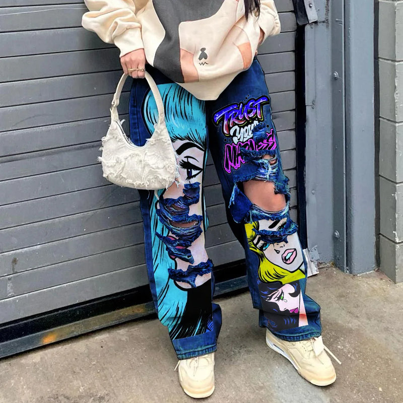 Graphic Print Ripped Jeans | MzStar Fashion | view 7