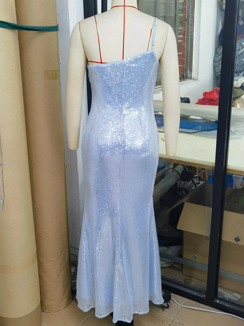 Blue One-Shoulder Sequin Gown | MzStar Fashion | view 6