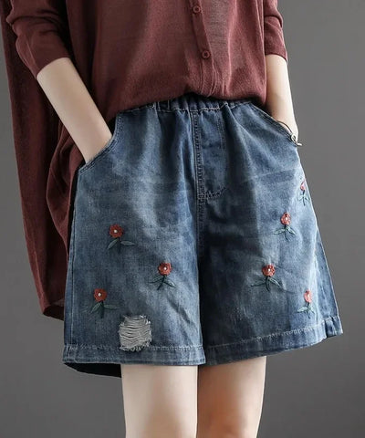 Floral Embroidered Denim Shorts