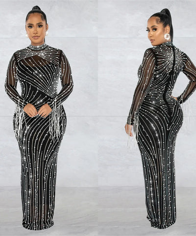 Sheer Rhinestone Evening Gown