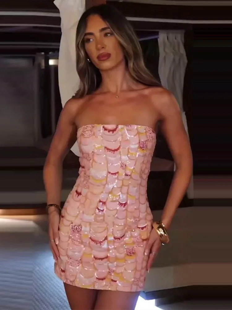 Pink Scale Sequin Tube Dress | MzStar Fashion | view 2